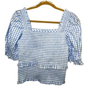 Cece Gingham Crop Top Puff Sleeve Smocked Coquette Blue Blouse Milkmaid Size M